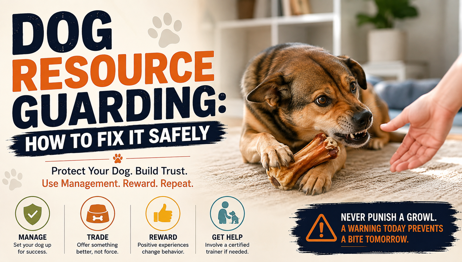 Dog resource guarding food bowl with tense body language, demonstrating protective behavior around valuable resources and the need for positive reinforcement training.