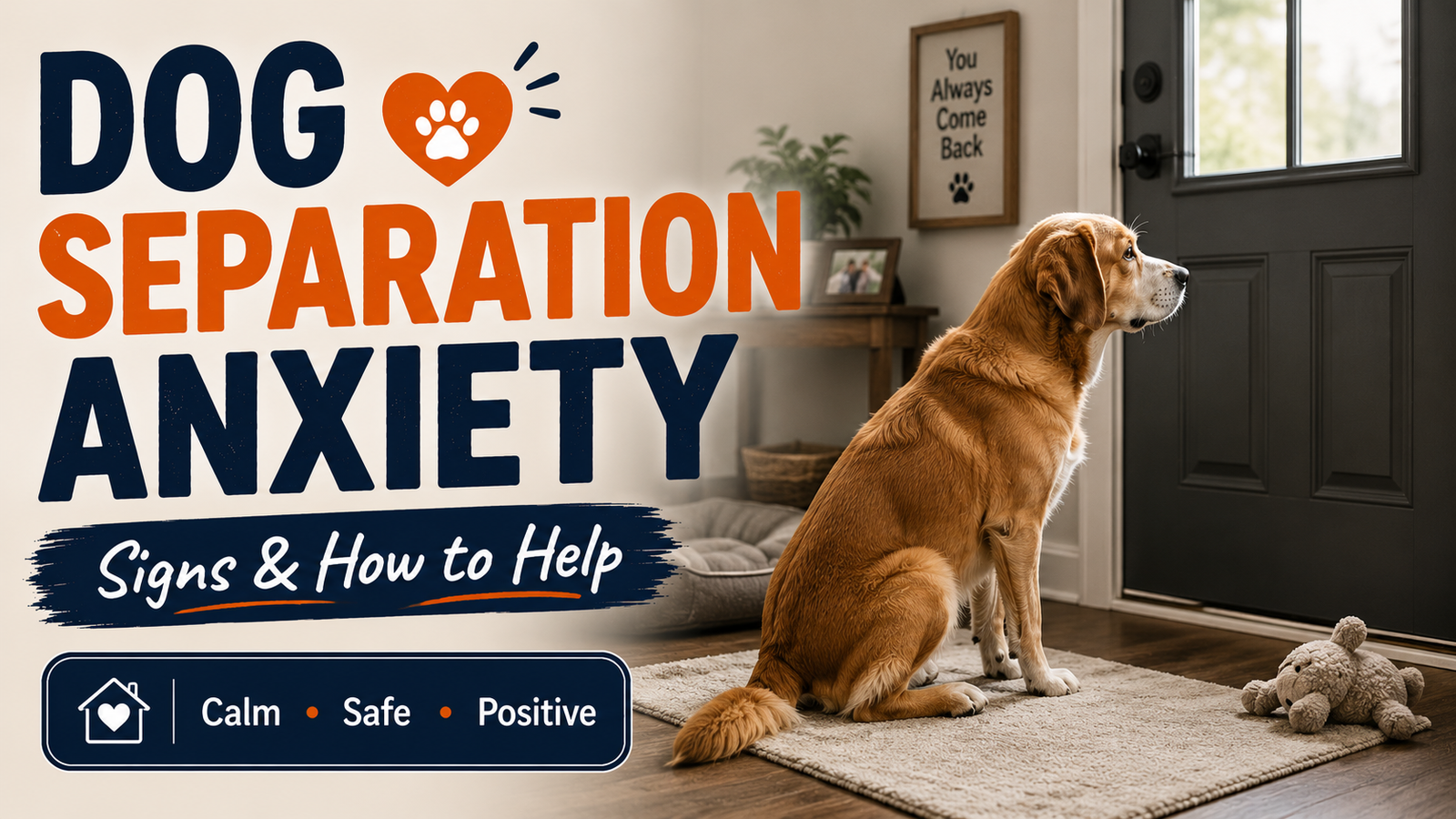 An anxious dog sitting alone by a door looking toward the window, showing common signs of separation anxiety when left home alone.