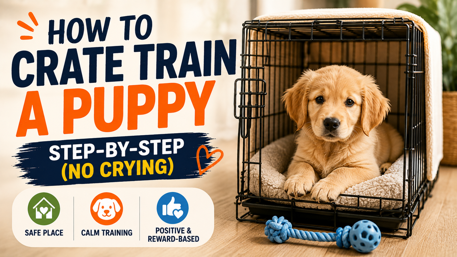 Young puppy resting calmly inside a crate during positive crate training, learning safe confinement and house-training skills.