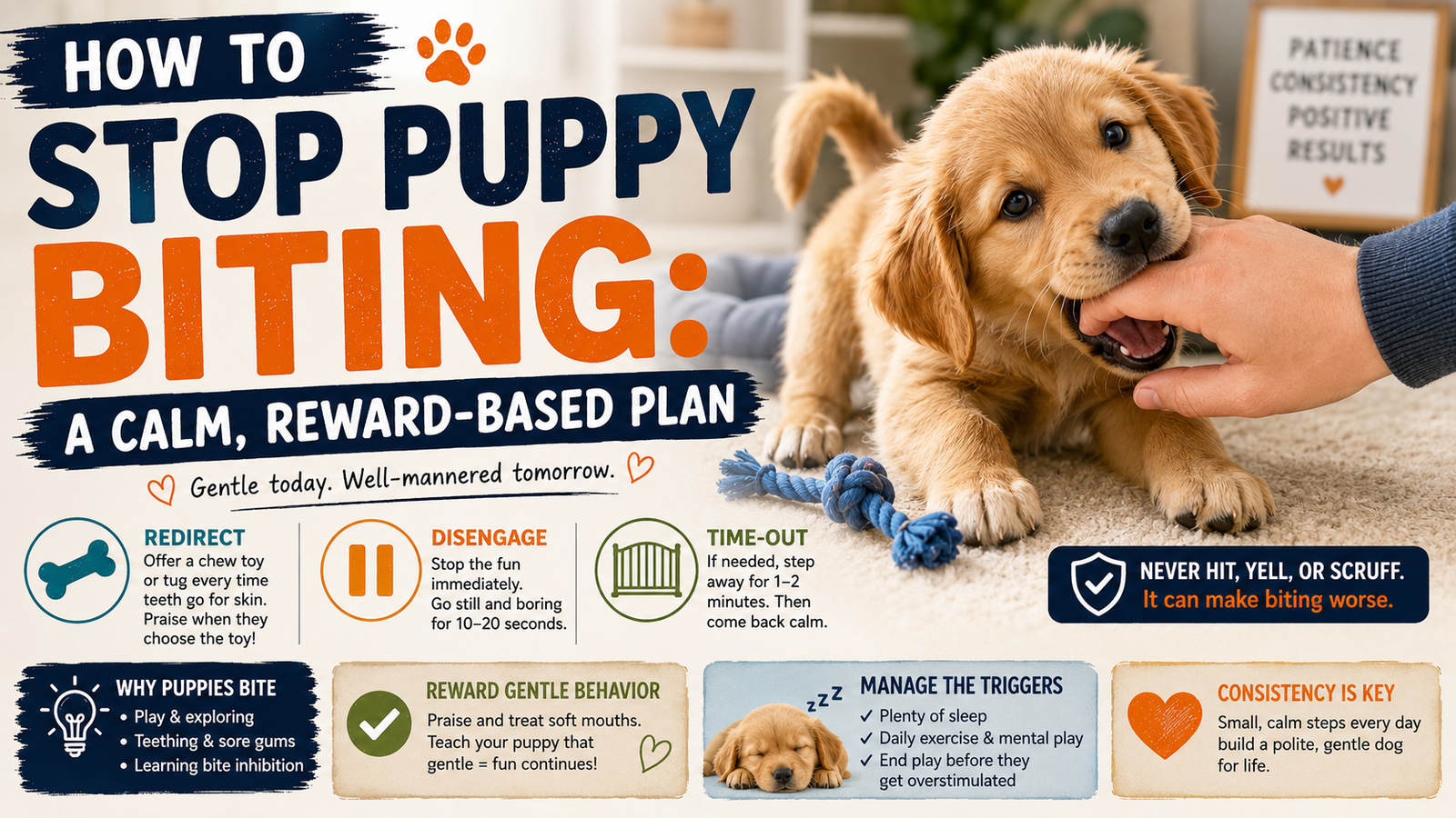 Young puppy gently mouthing a person's hand during play, illustrating puppy biting, teething behavior, and bite inhibition training.