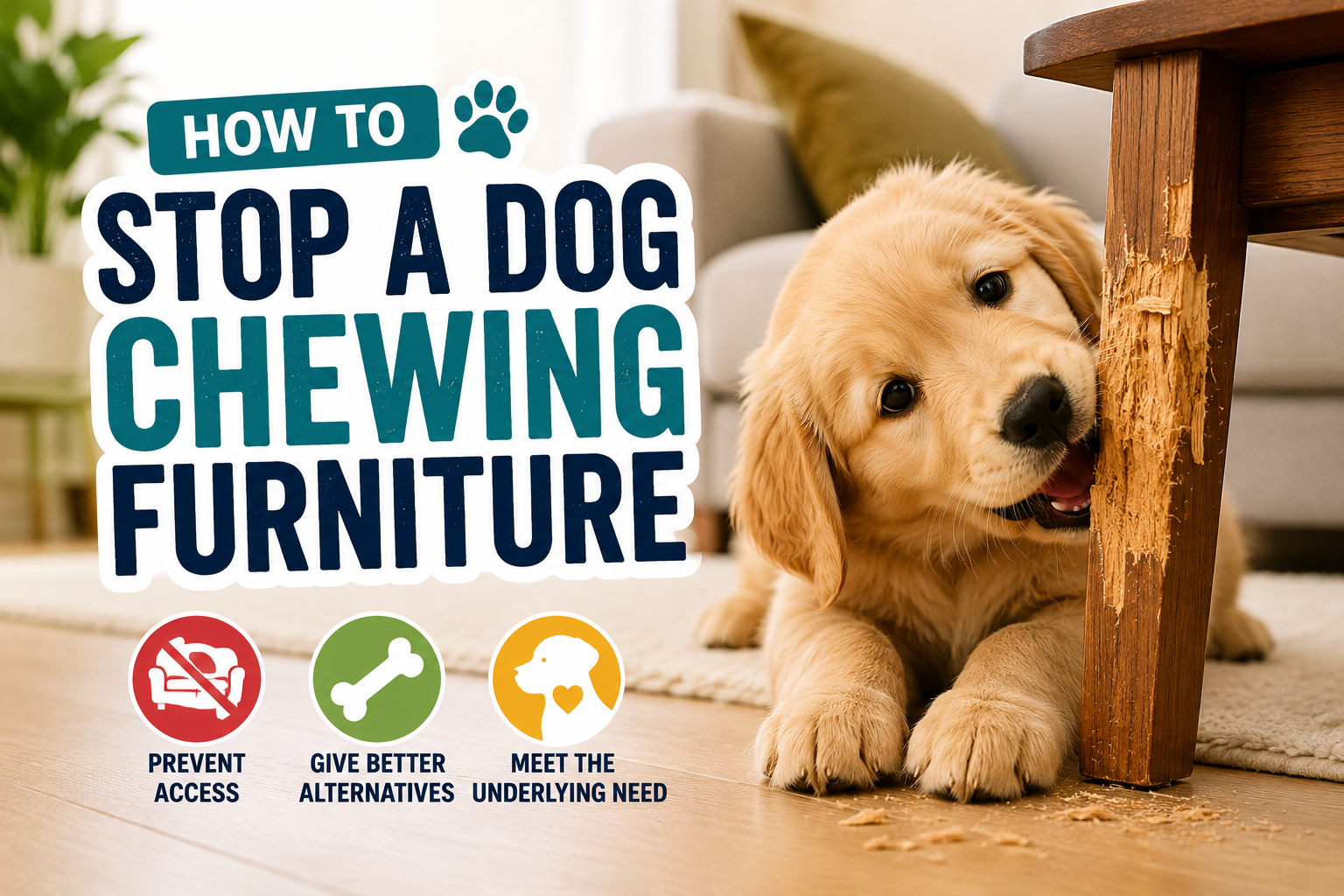 How to stop a dog chewing furniture – dog chewing couch cushion due to teething, boredom, anxiety, or lack of appropriate chew toys.