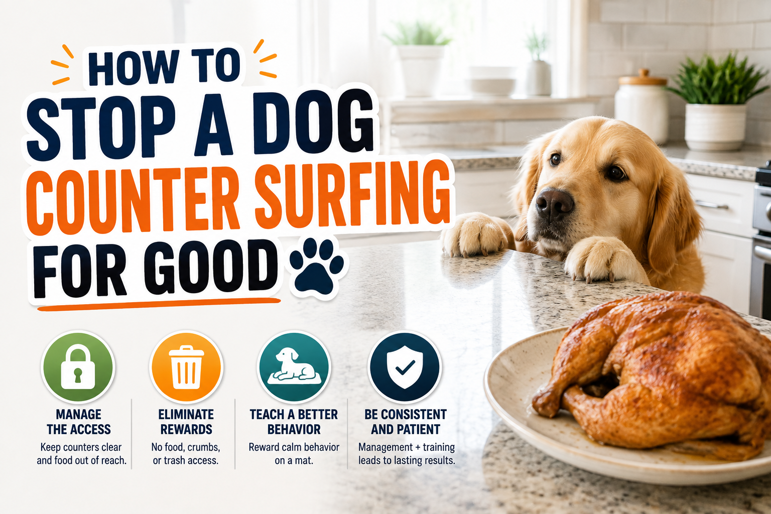 Golden Retriever lying calmly on a training mat in a kitchen while food sits safely out of reach on clean countertops, illustrating positive reinforcement training to prevent dog counter surfing.