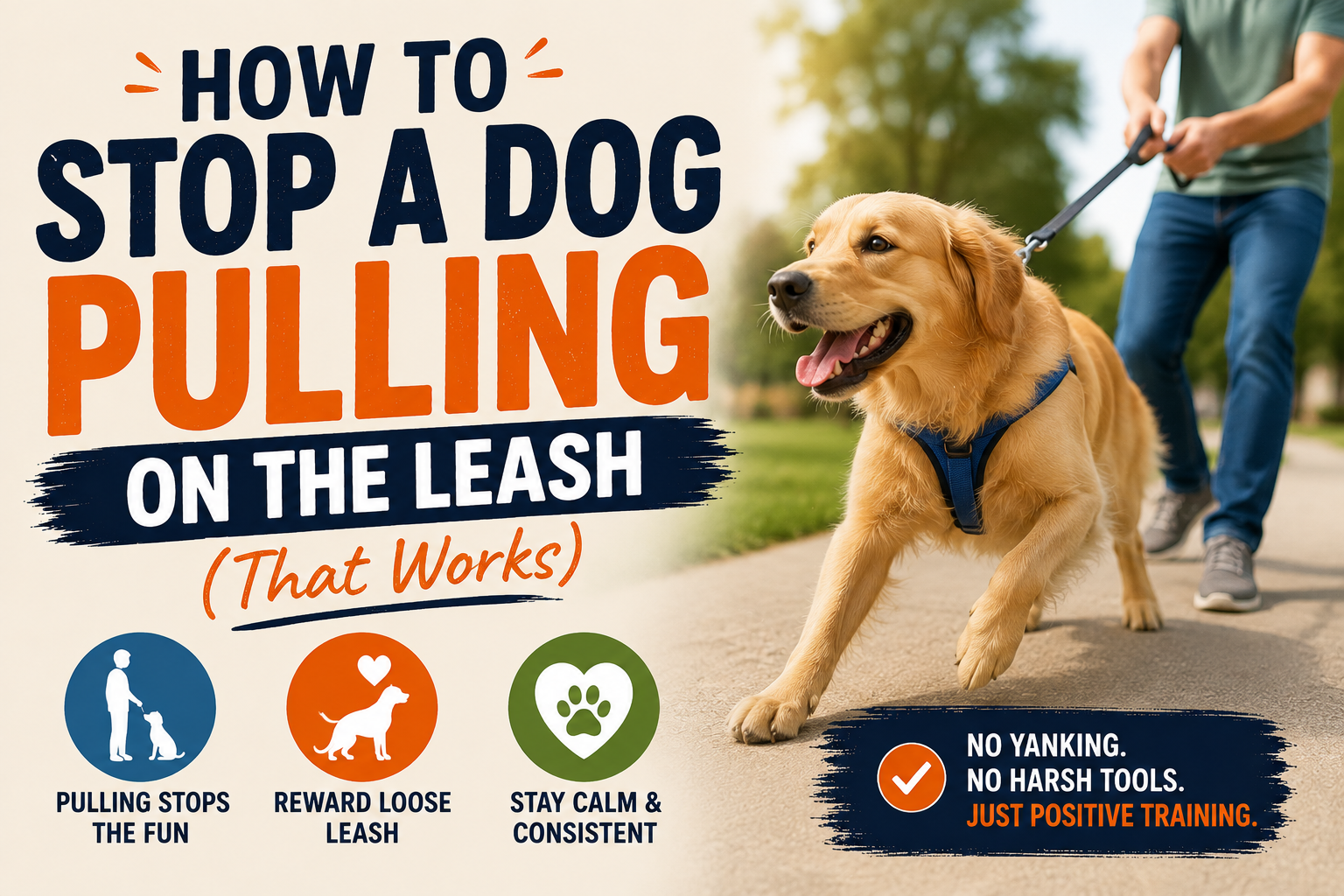Dog walking calmly beside its owner on a loose leash during positive reinforcement leash training in a quiet outdoor setting.