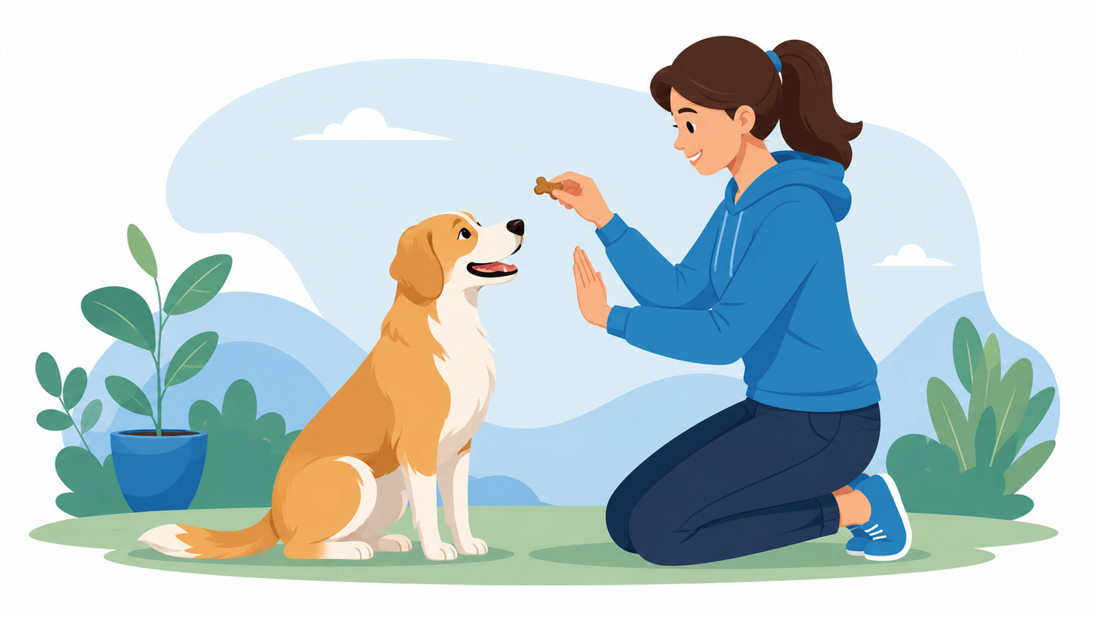 Positive reinforcement dog training illustration with a dog and its owner