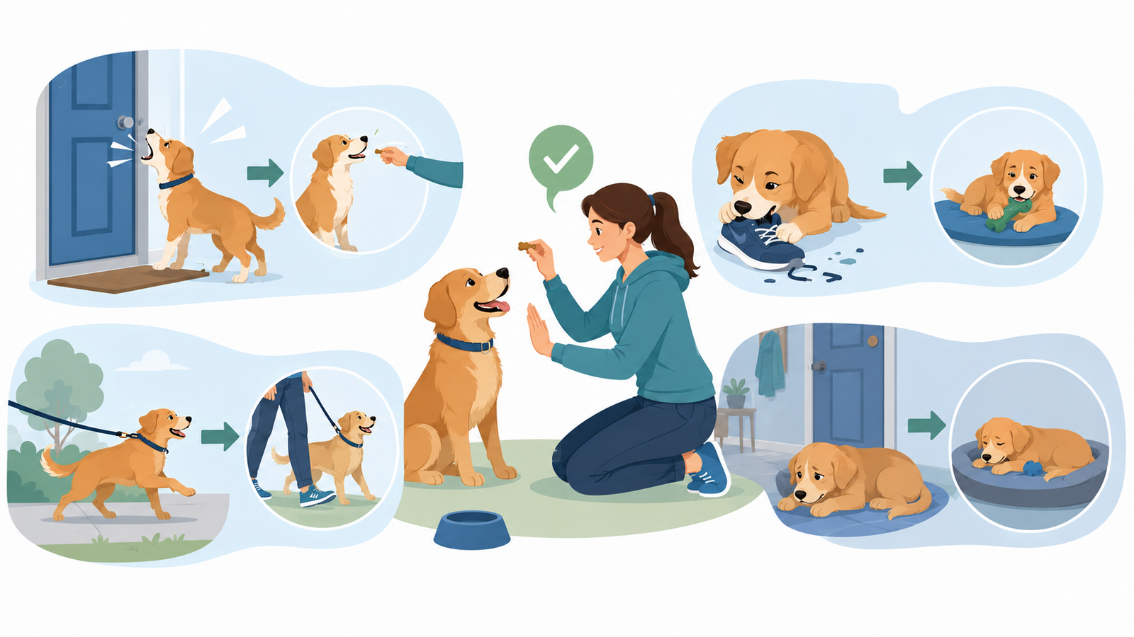 Common dog behavior problems and positive reinforcement training illustration