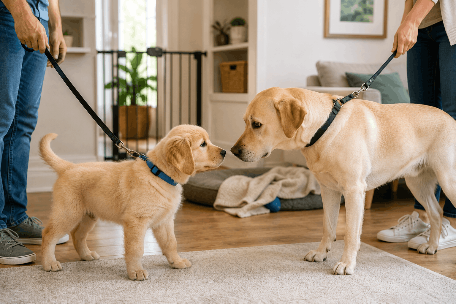 Introducing a puppy to a resident dog on neutral ground with both dogs calmly walking on loose leashes and one handler for each dog.