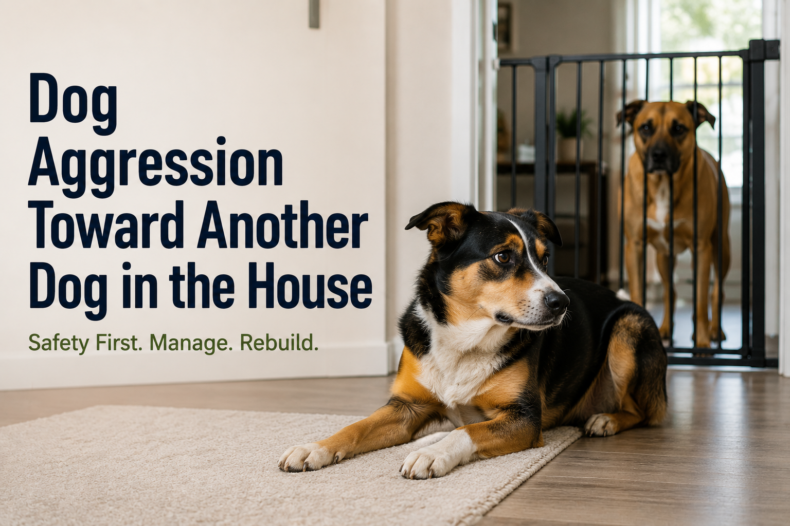 Dog aggression toward another dog in the house with supervised training, conflict prevention, resource guarding management, and safe reintroduction techniques.