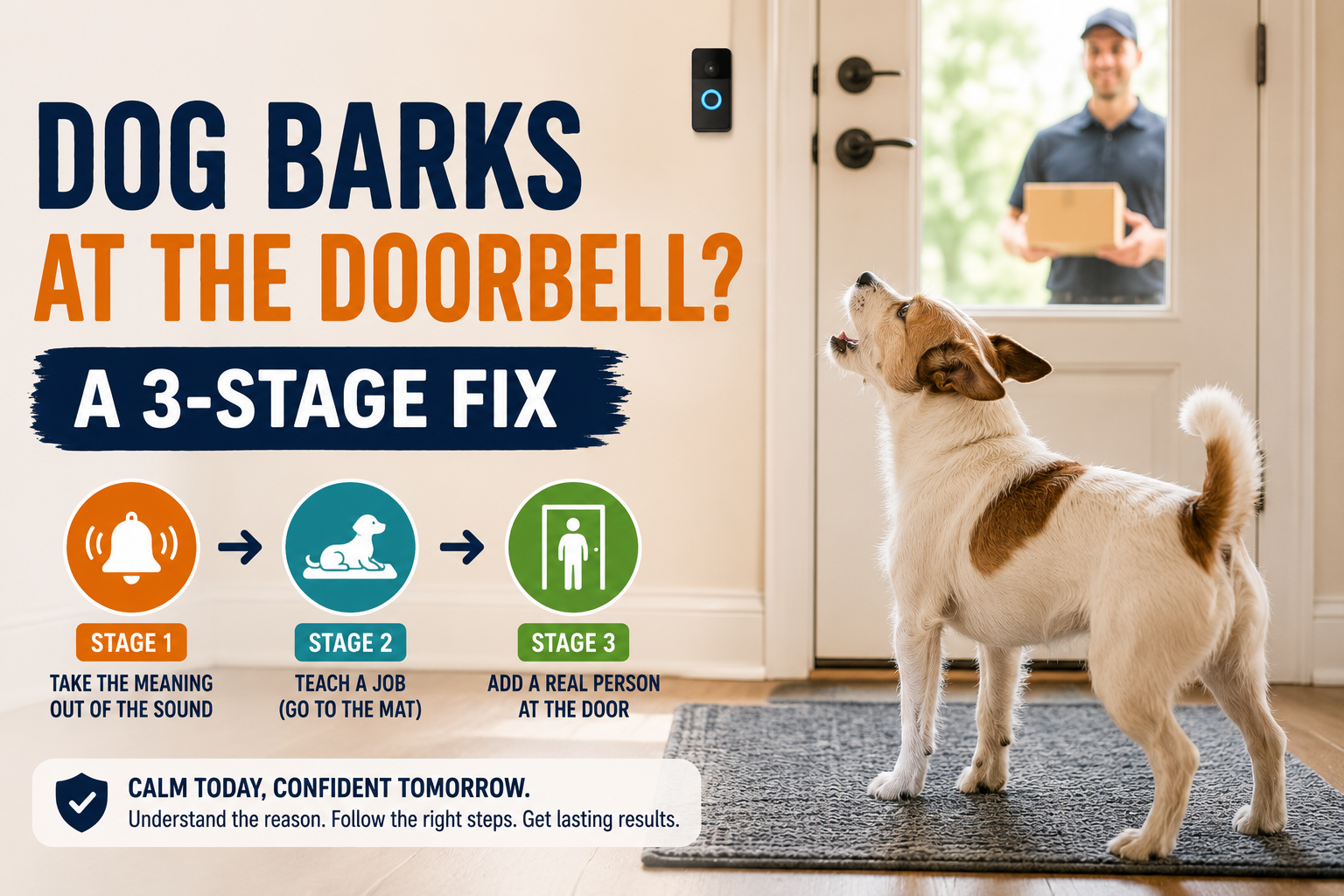 Dog barking at the doorbell and front door during visitor arrival, a common dog behavior training issue.