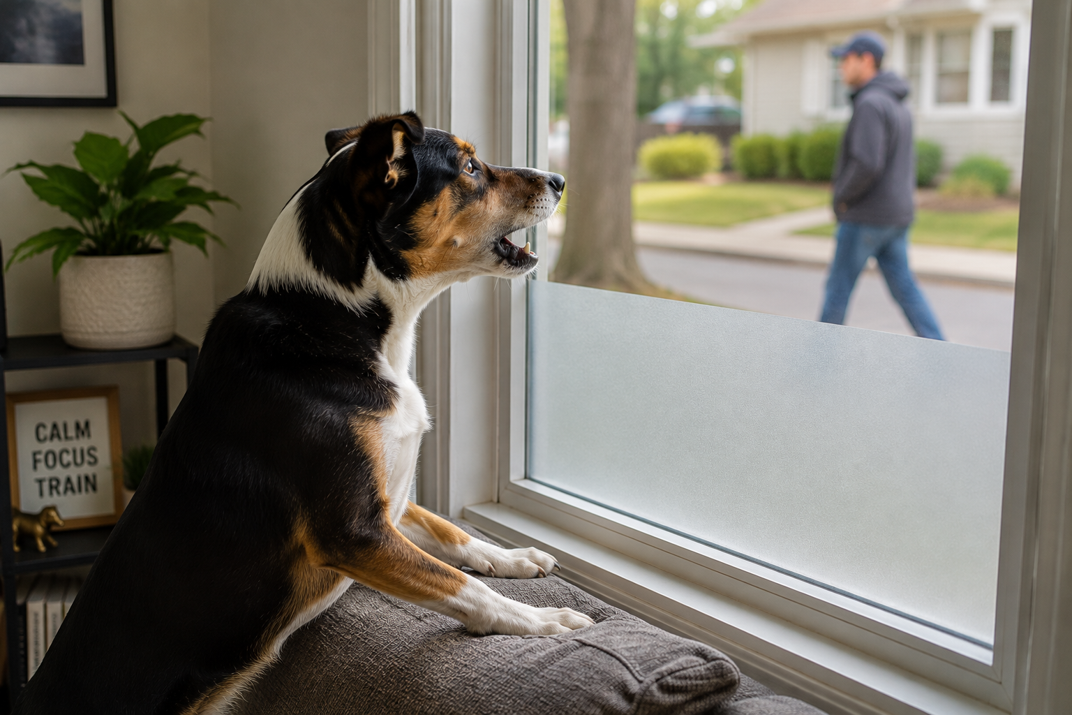 Dog standing at a house window barking at people passing outside while learning calm behavior training techniques.