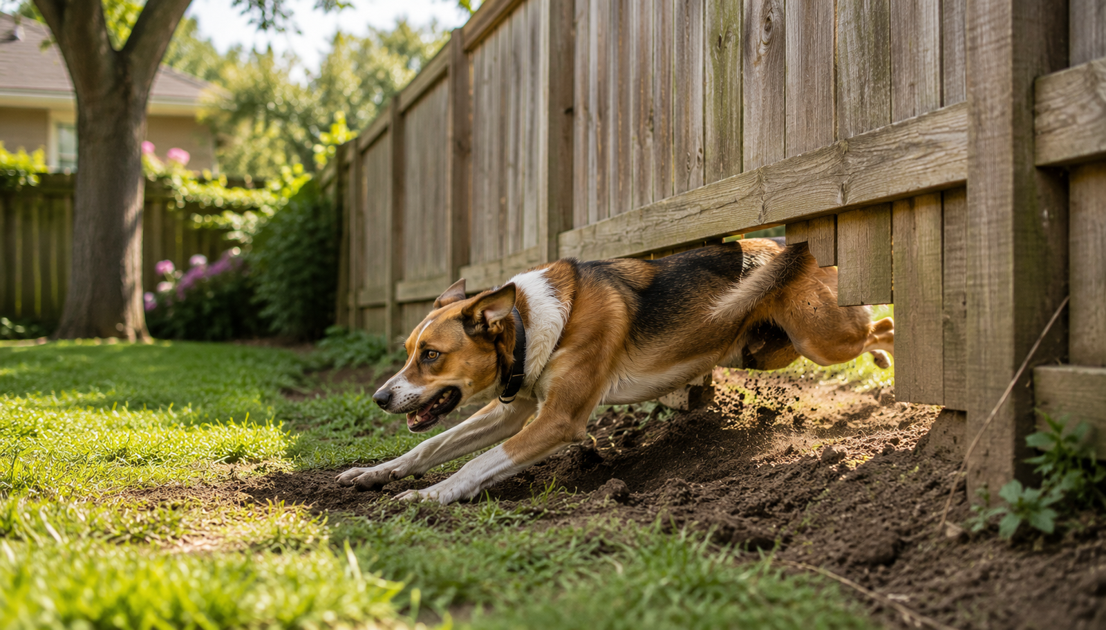 Dog standing near a backyard fence while owner supervises, illustrating safe strategies to prevent dogs from escaping the yard.