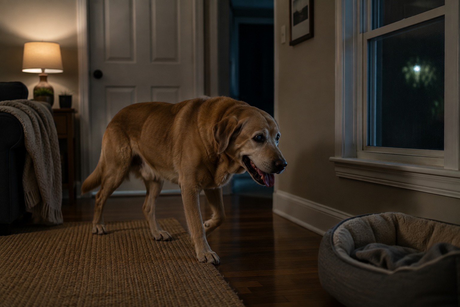 Senior dog pacing indoors at night while owner monitors unusual behavior and possible health concerns.