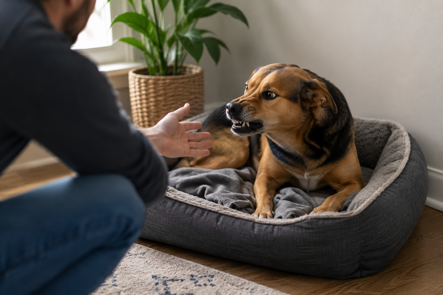 Dog resting inside a crate while calmly observing its surroundings, illustrating bed and crate resource guarding behavior in dogs.