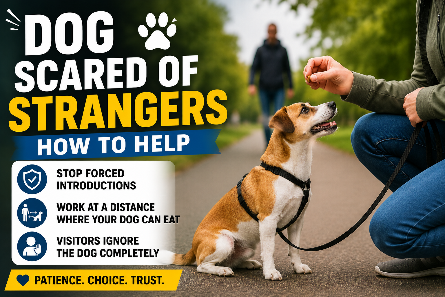 Fearful dog sitting cautiously while observing a stranger from a safe distance during positive reinforcement training designed to reduce stranger anxiety and build confidence.