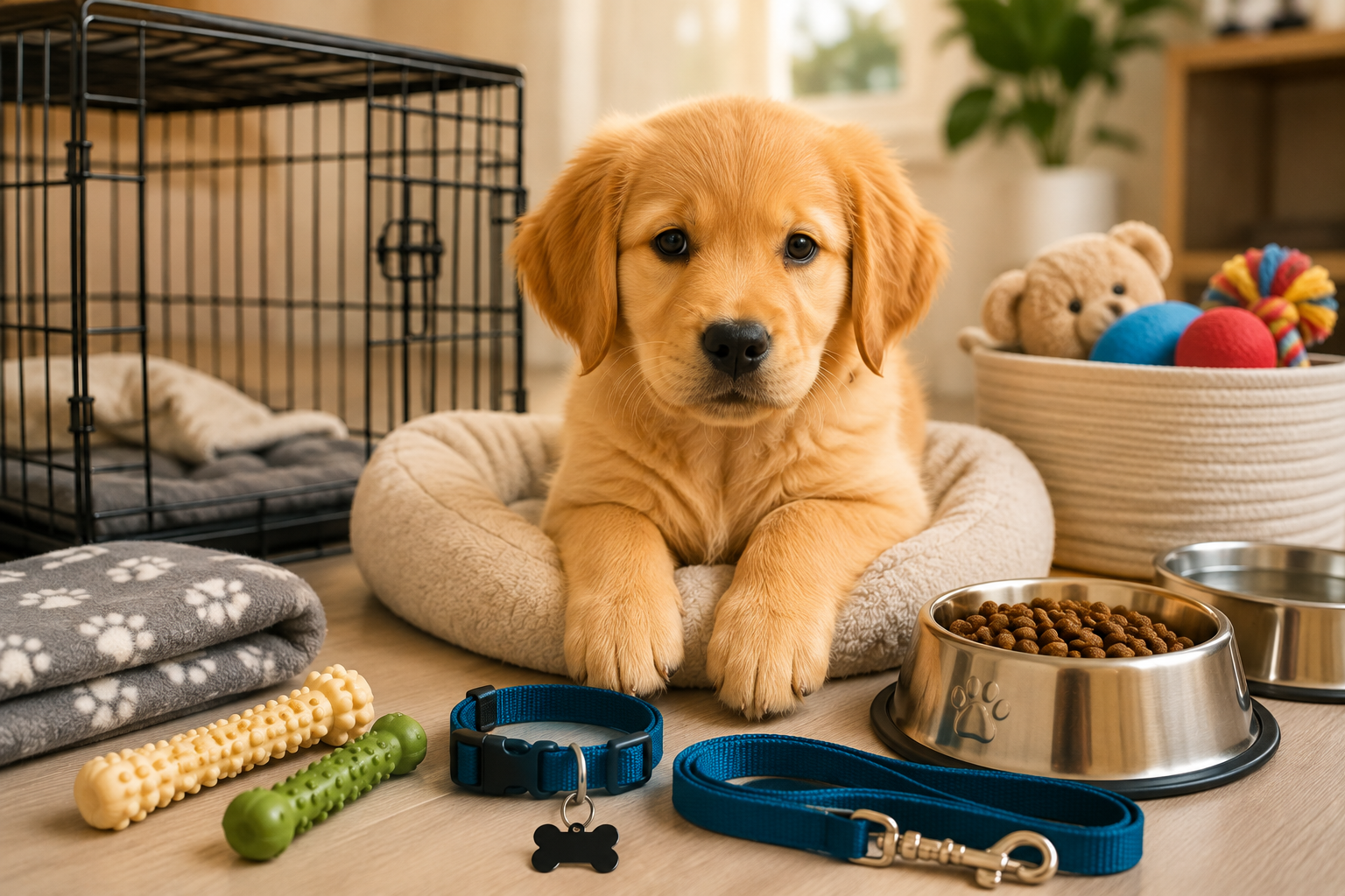 New puppy home setup with crate, food and water bowls, washable bedding, chew toys, and puppy-proofed living space prepared for a puppy's first week at home.