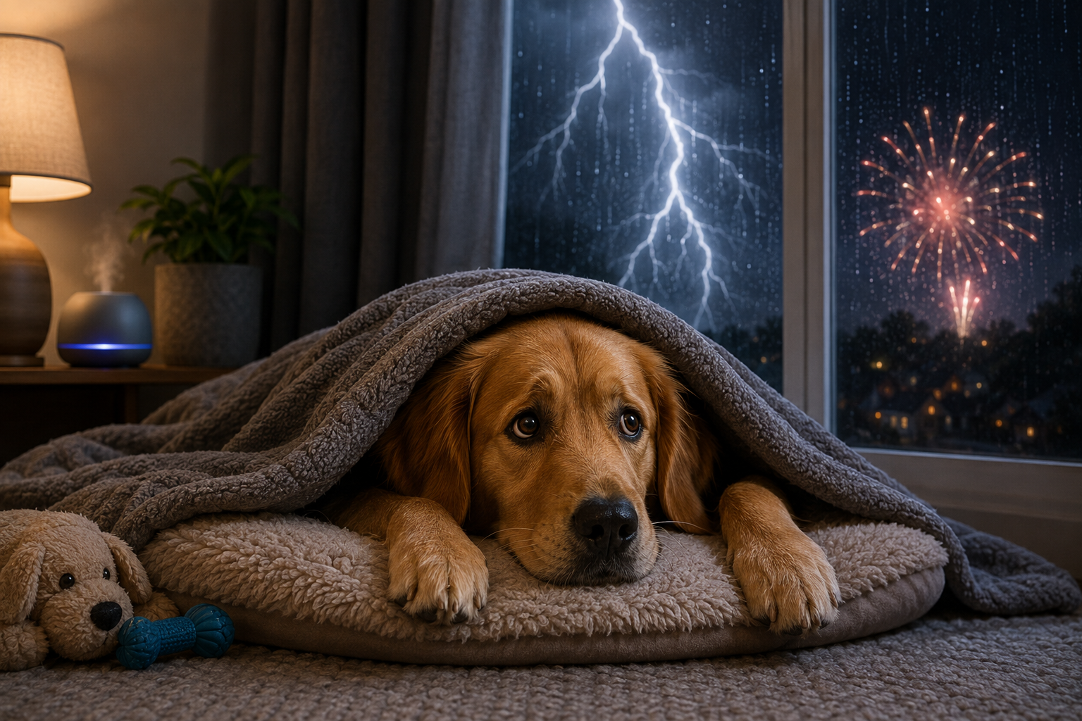 Dog afraid of thunder and fireworks hiding indoors while owner provides comfort, noise management, and anxiety relief during a storm.