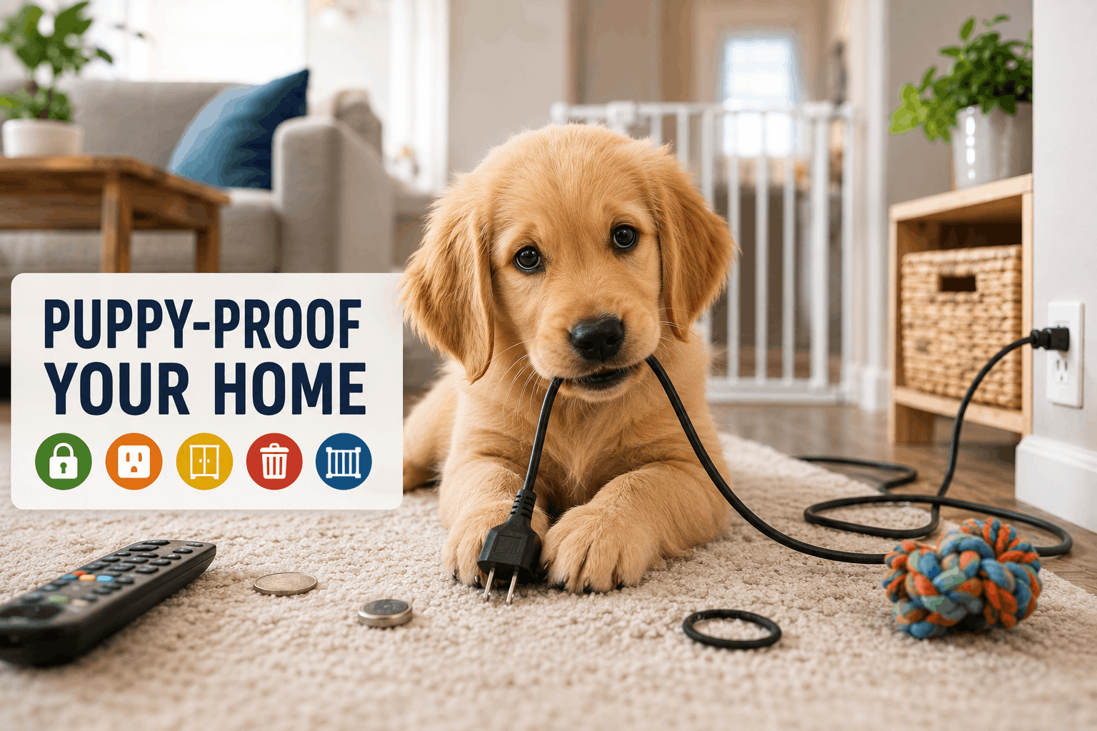 Puppy-proofing a home with a young puppy safely exploring a living room while electrical cords, furniture gaps, low surfaces, and other household hazards are secured.