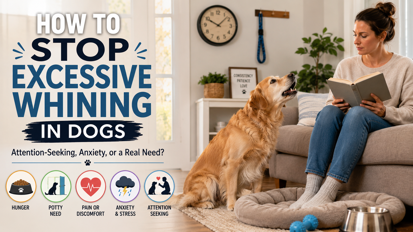 Dog sitting indoors and whining toward its owner, demonstrating attention-seeking, anxiety-related, or need-based vocalization behavior.
