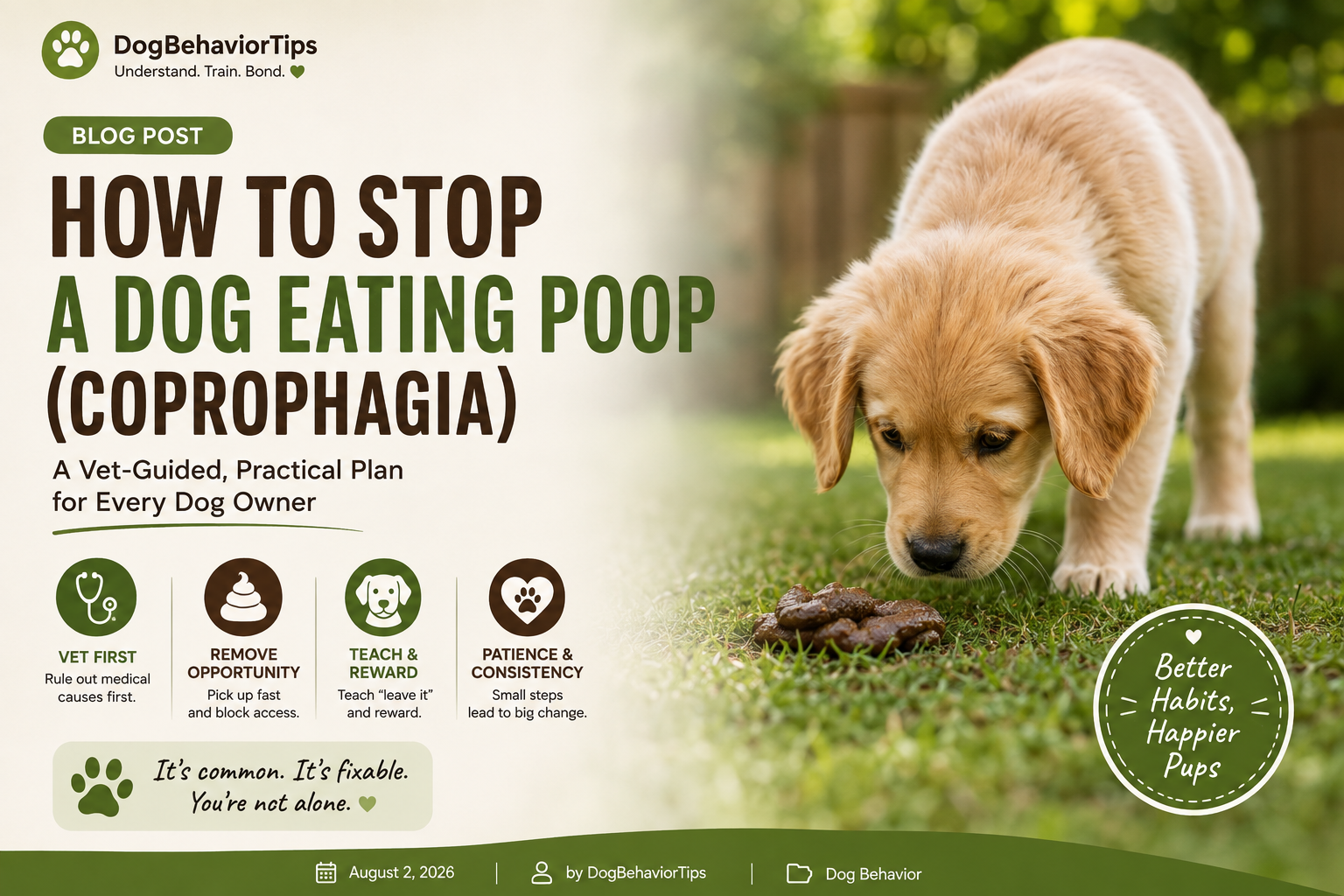 Dog eating poop in a backyard, illustrating coprophagia behavior and the importance of management, training, and veterinary evaluation.