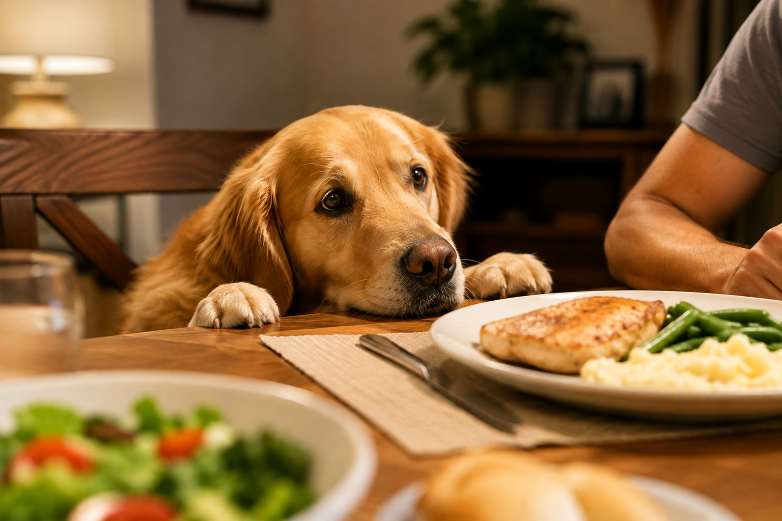 Dog training to stop begging at the dinner table using place training, positive reinforcement, meal routines, and good household manners.
