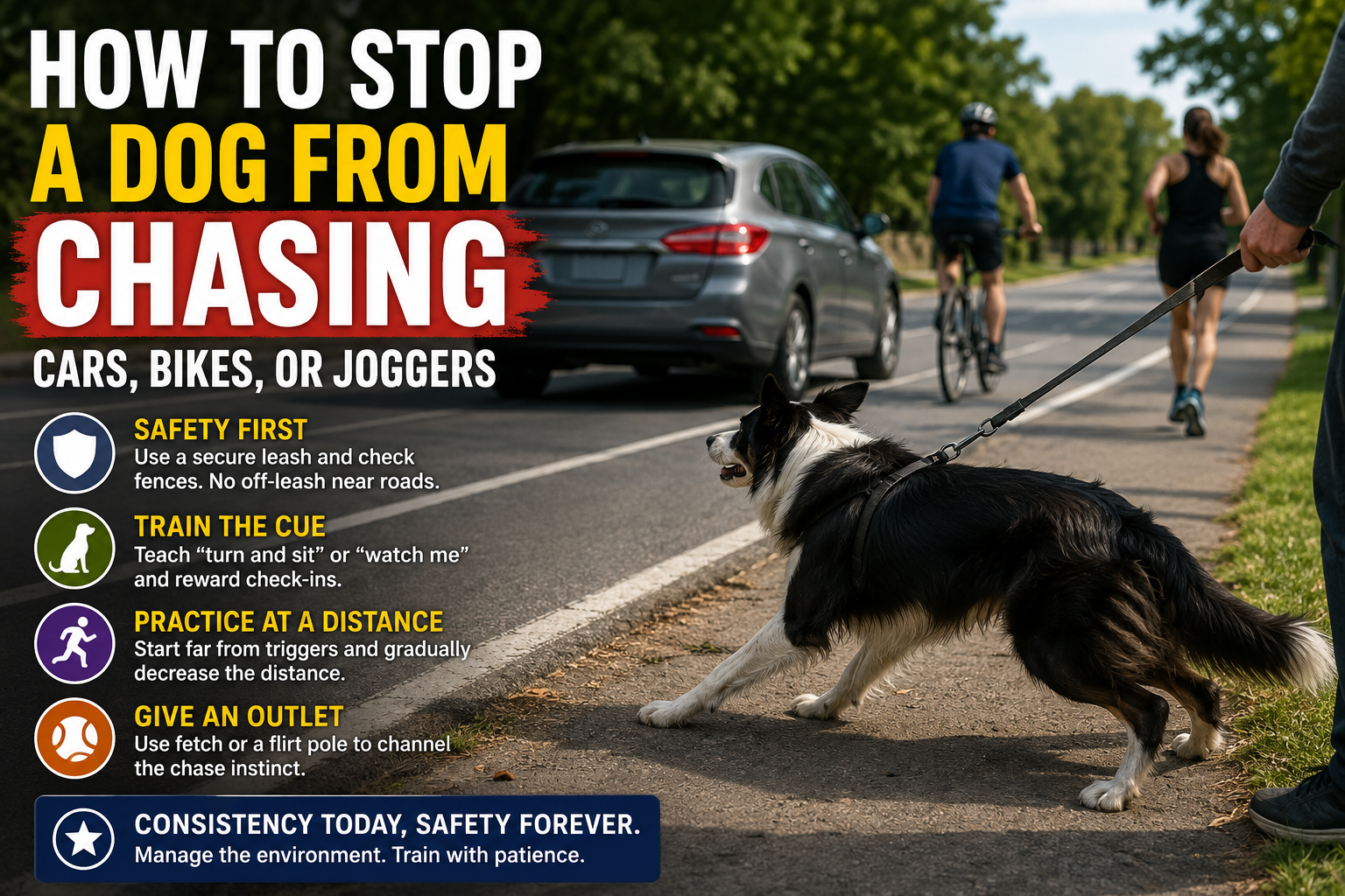Dog training to stop chasing cars, bicycles, and joggers with leash control, watch me cue, desensitization, and positive reinforcement methods.