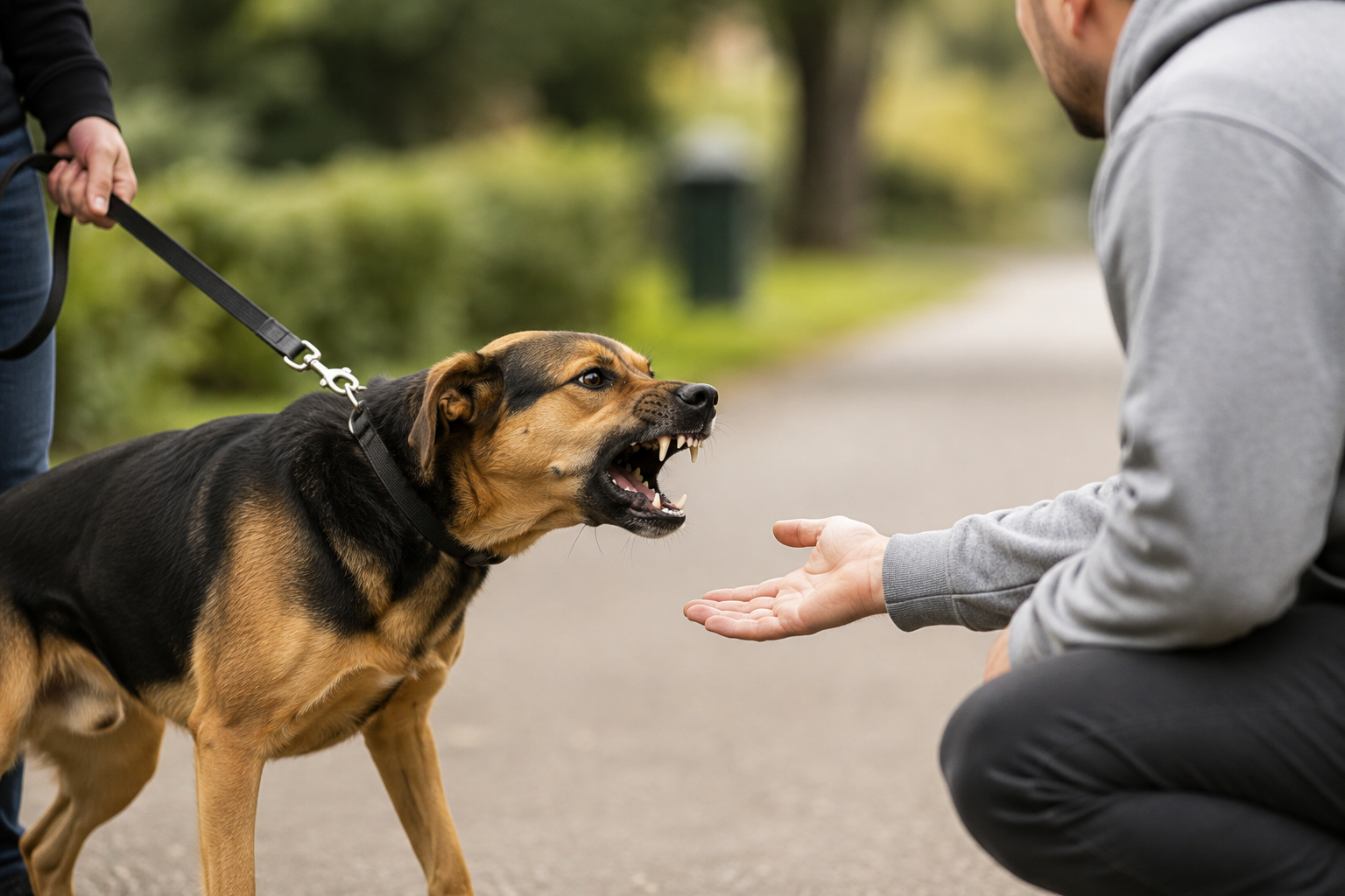 Dog growling at strangers during introductions while owner practices positive reinforcement training and stranger socialization techniques.
