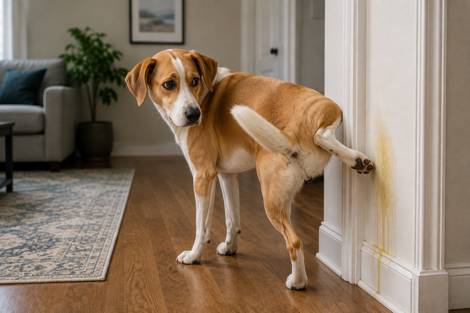 Dog lifting its leg and marking a wall indoors in a home environment.