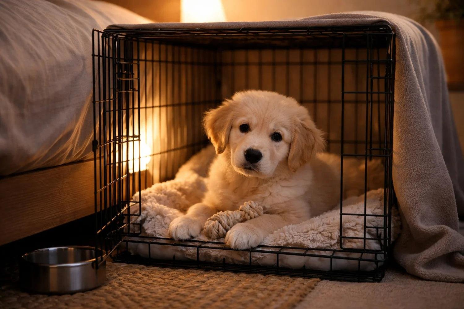 Dog displaying common behavior issues including window barking, bed guarding, nighttime pacing, panting indoors, and puppy training challenges.