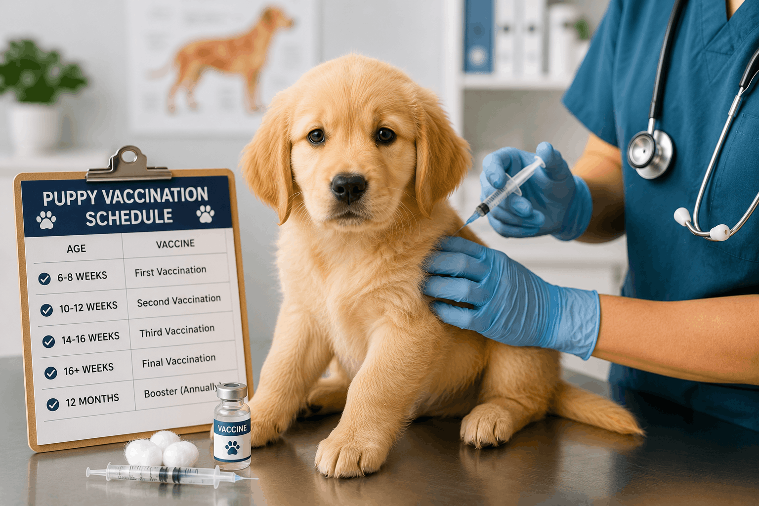 Veterinarian examining a young puppy during a vaccination appointment while discussing the puppy vaccination schedule and preventive healthcare plan.