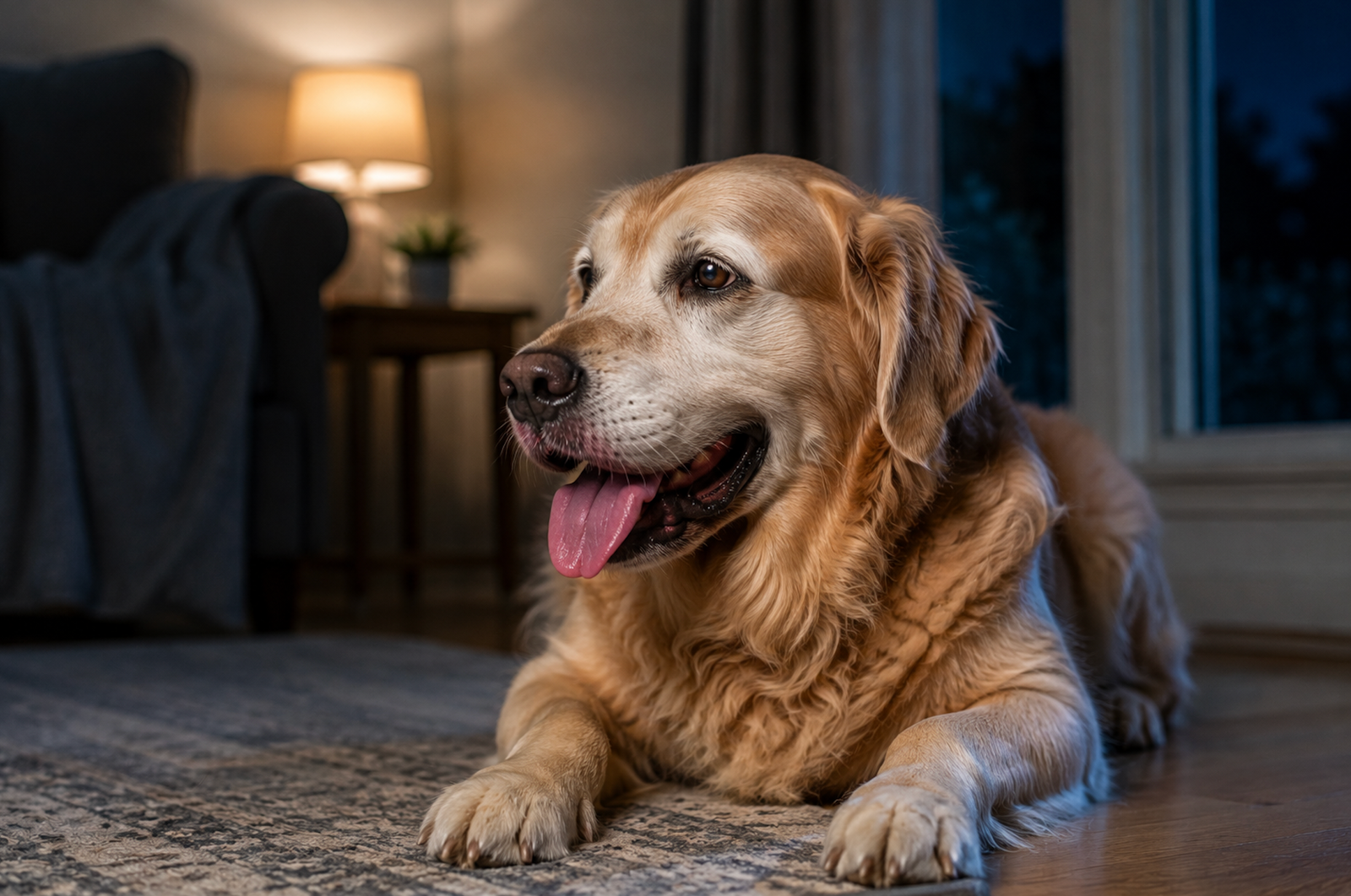 Dog panting indoors while resting in a cool room, illustrating potential health and behavior causes of excessive panting.