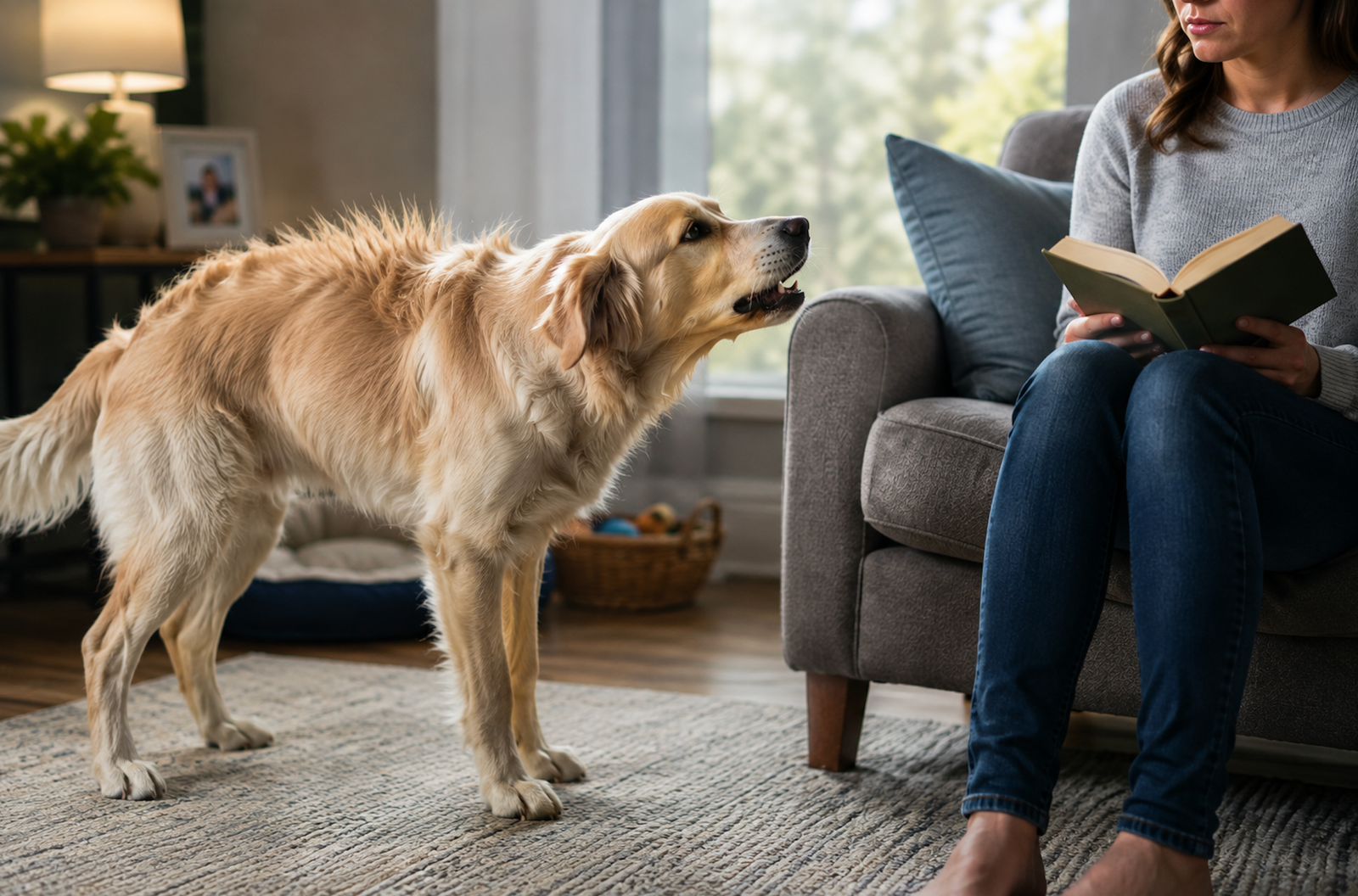 Dog sitting indoors and whining while looking at owner, illustrating attention-seeking and need-based whining behavior in dogs with positive reinforcement training concepts.