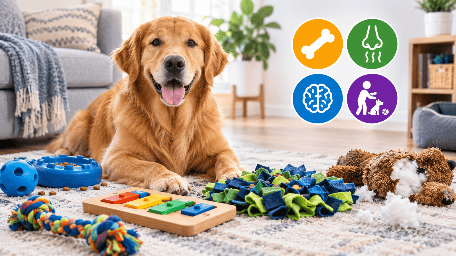 Dog chewing furniture from boredom while owner provides enrichment activities and positive behavior outlets