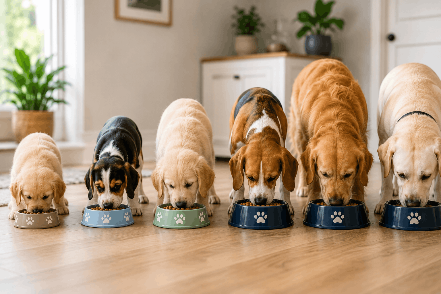 Dog feeding schedule by life stage showing meals for puppies, adult dogs, senior dogs, and small breed puppies