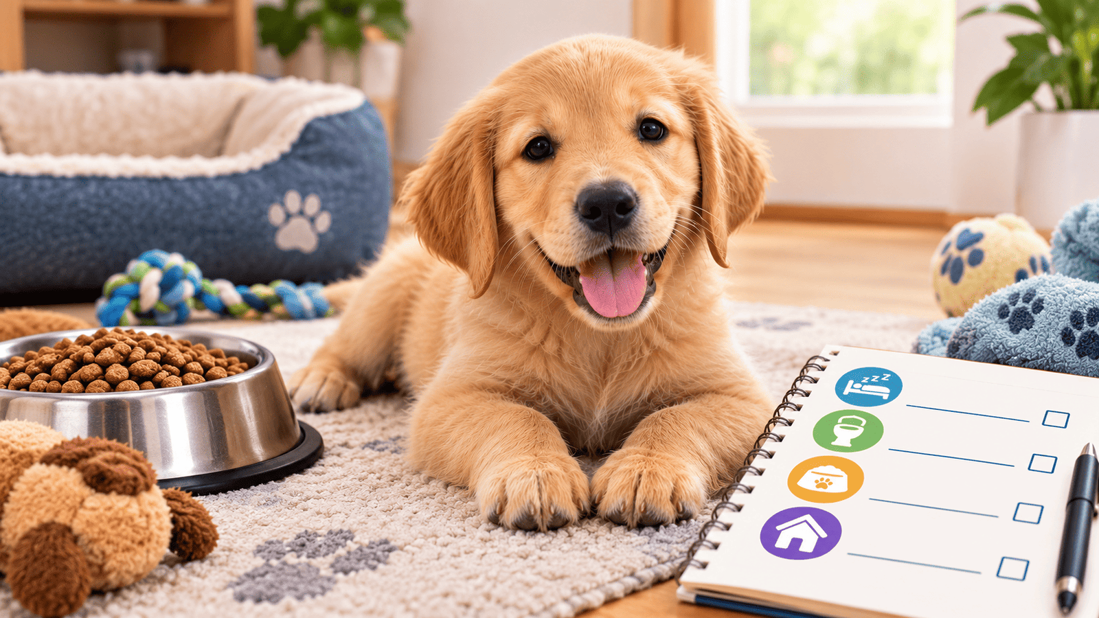 Puppy daily routine with scheduled meals, potty breaks, naps, training, play, and alone time