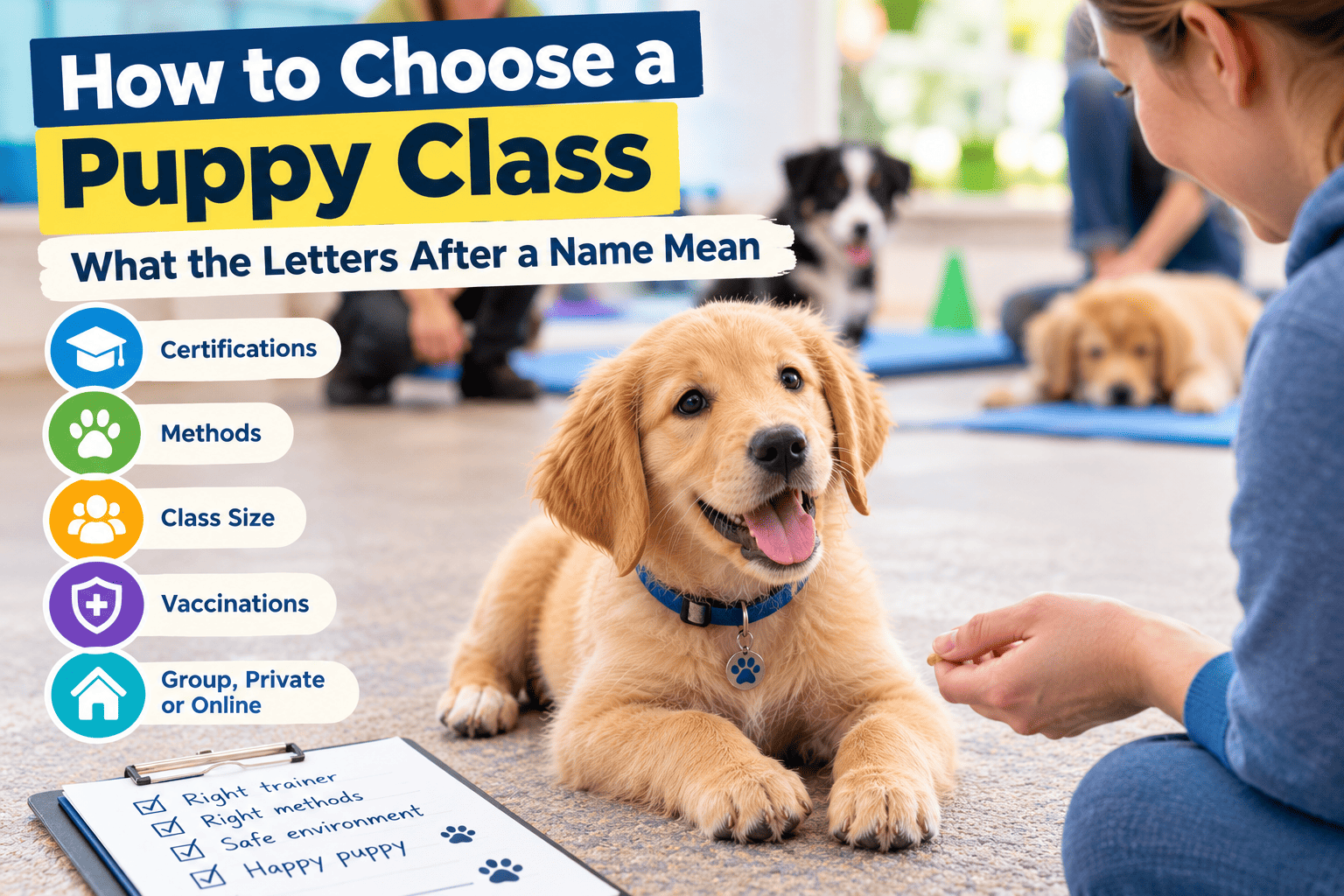 Puppy class with trainer teaching positive reward-based dog training to young puppies and their owners