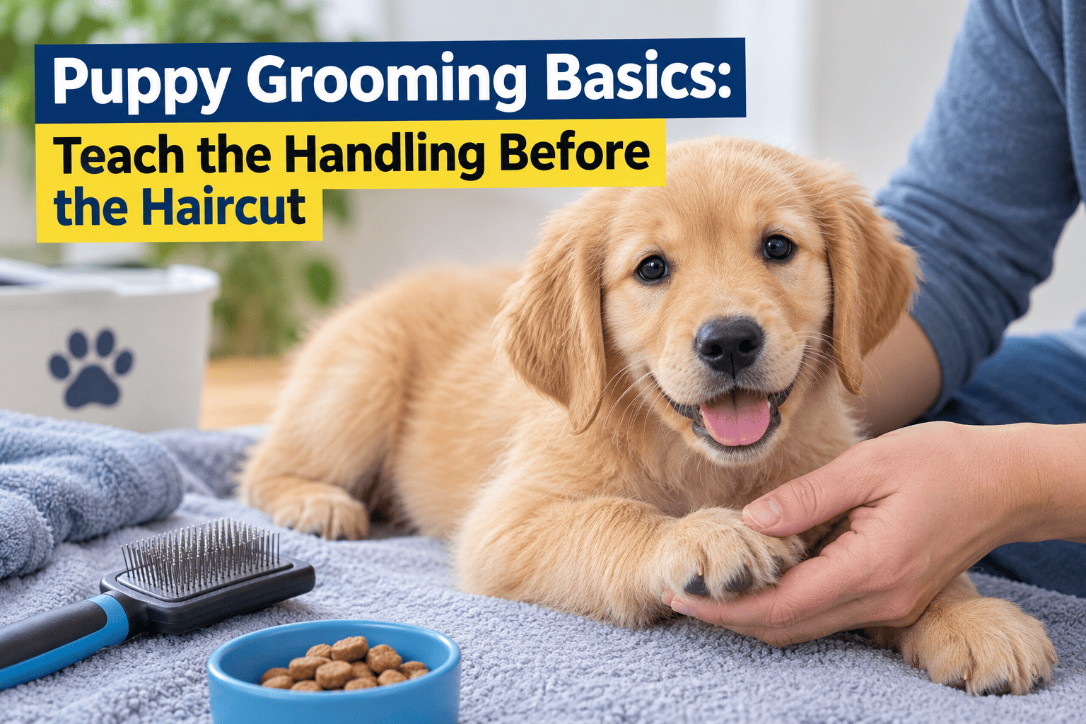 Young puppy calmly learning grooming and handling with positive reinforcement before brushing and nail care