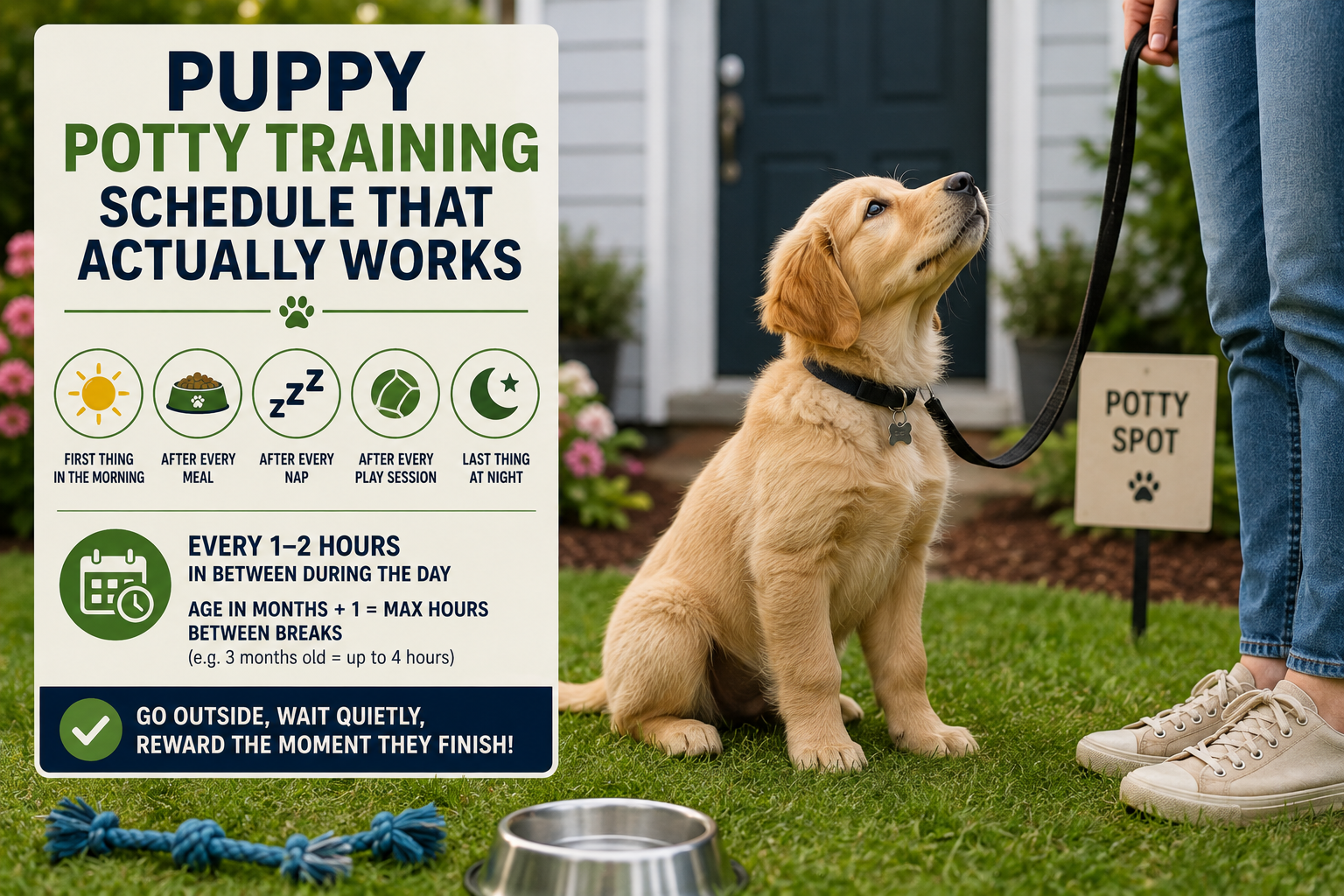 Young puppy outdoors during potty training with owner, following a structured house training schedule using positive reinforcement and consistent bathroom breaks.