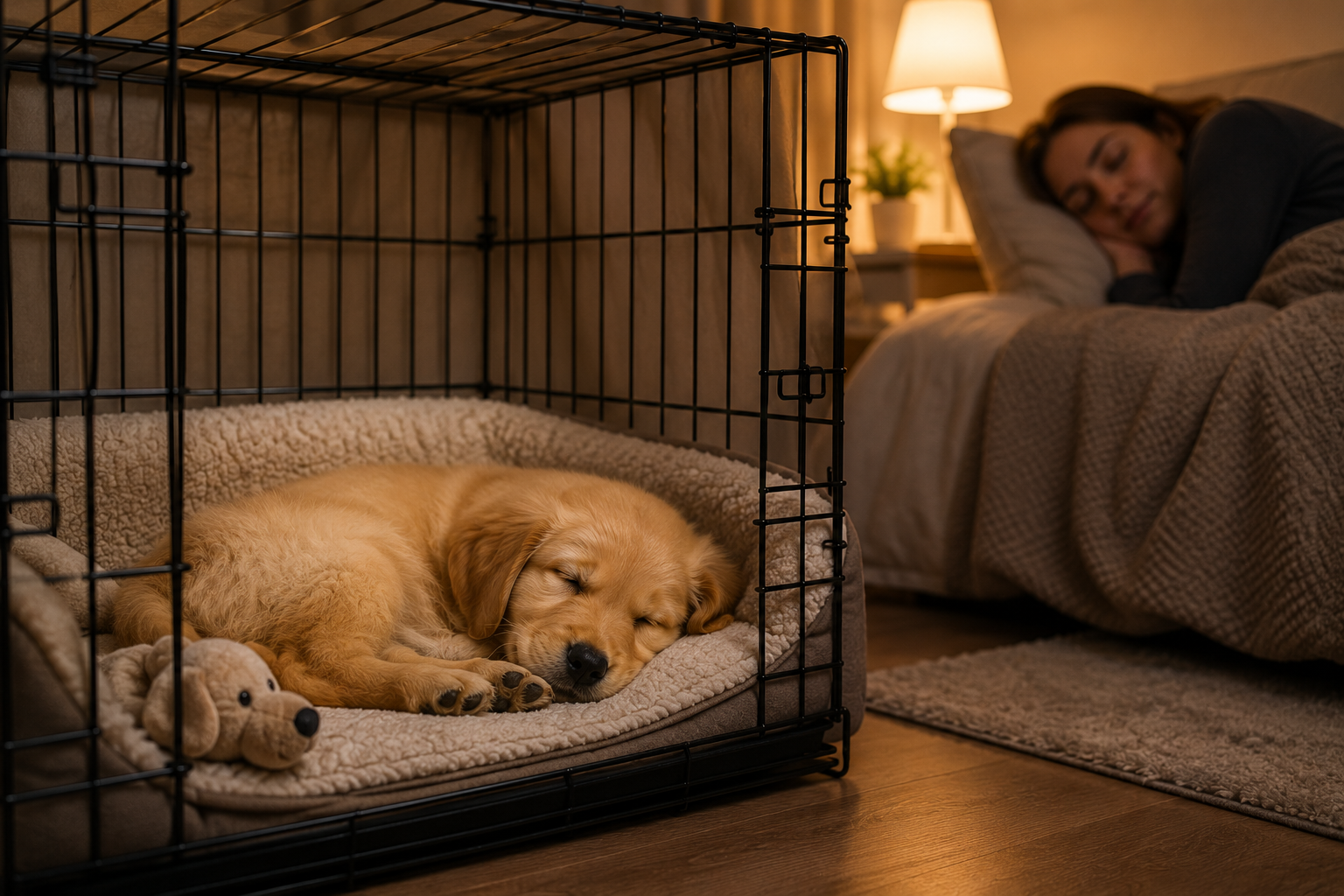 Young puppy sleeping peacefully in a crate beside the owner's bed after bedtime routine, puppy sleep training and nighttime settling guide for new dog owners.