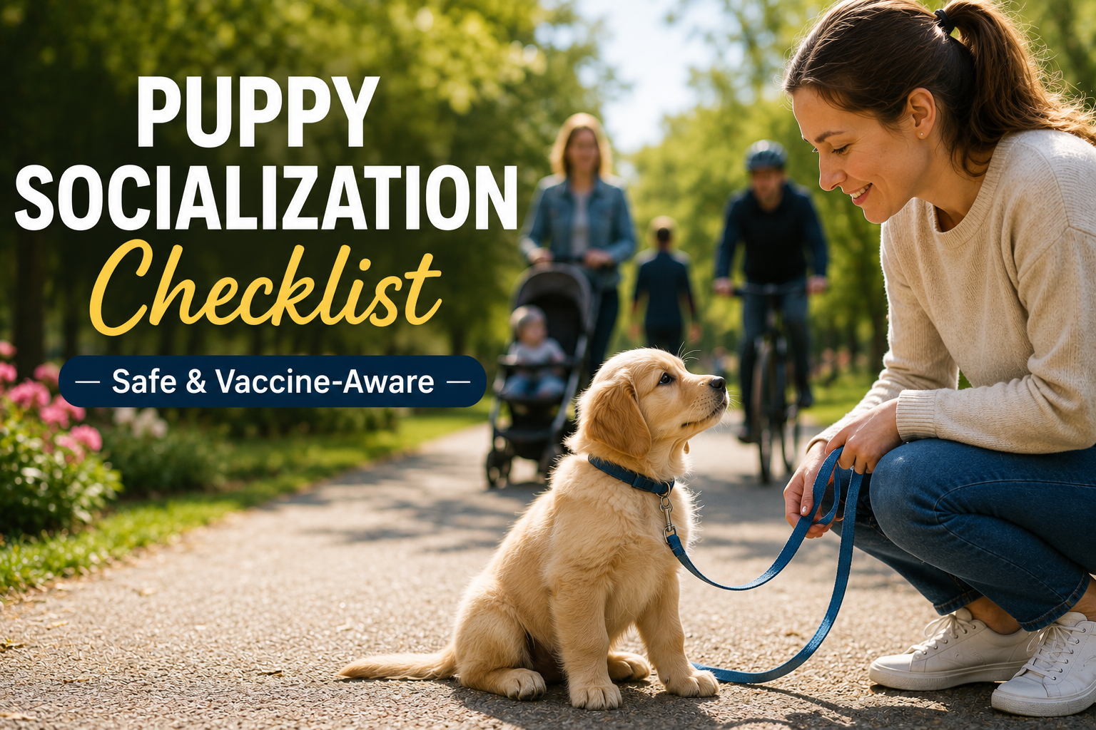 Young puppy experiencing safe socialization with people, sounds, and new environments while following a vaccine-aware socialization plan and positive reinforcement training.