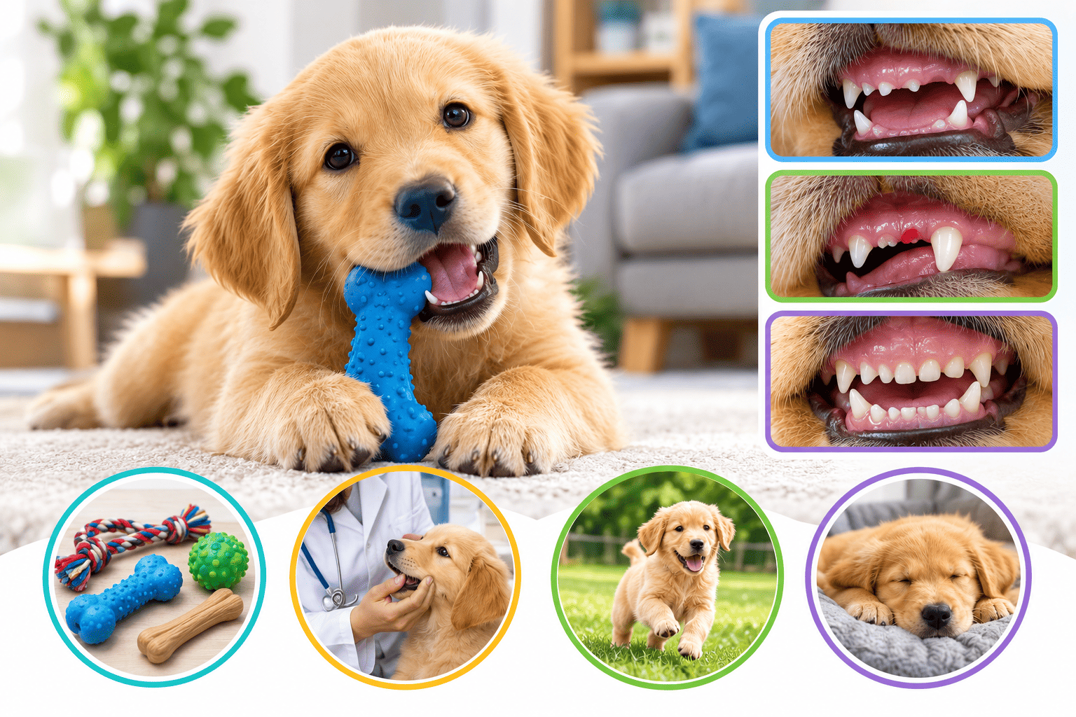 Puppy teething timeline showing a young dog chewing a toy while permanent teeth replace baby teeth