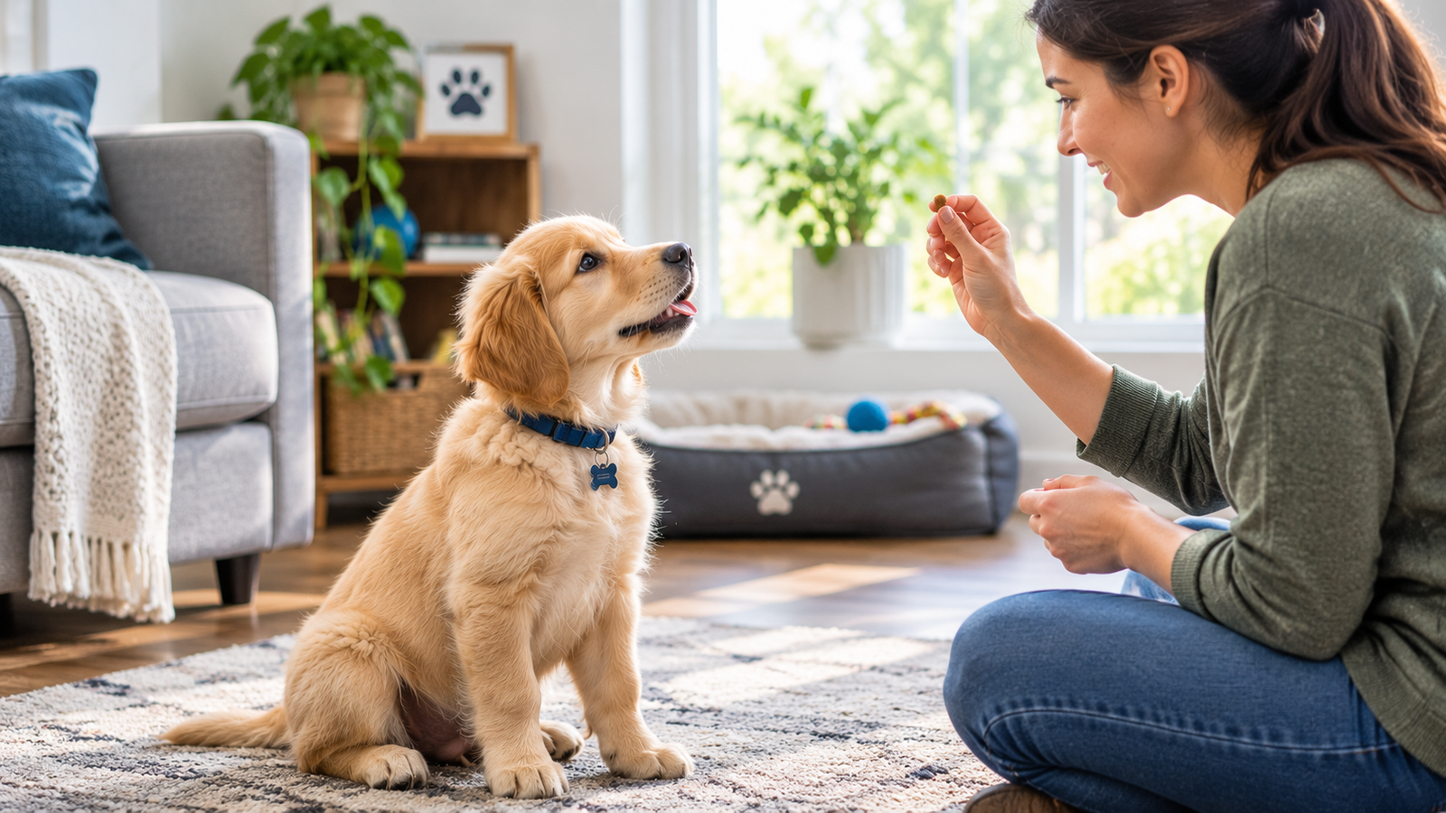 Golden Retriever puppy learning name recognition during positive reinforcement training session indoors, owner rewarding eye contact with treats, beginner puppy obedience training.
